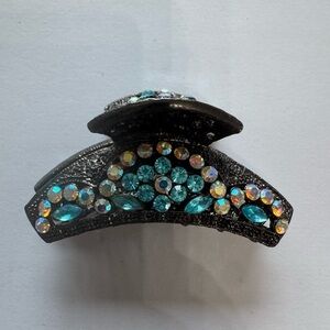 Chic Black Hair Clip with Blue and Iridescent Gems
